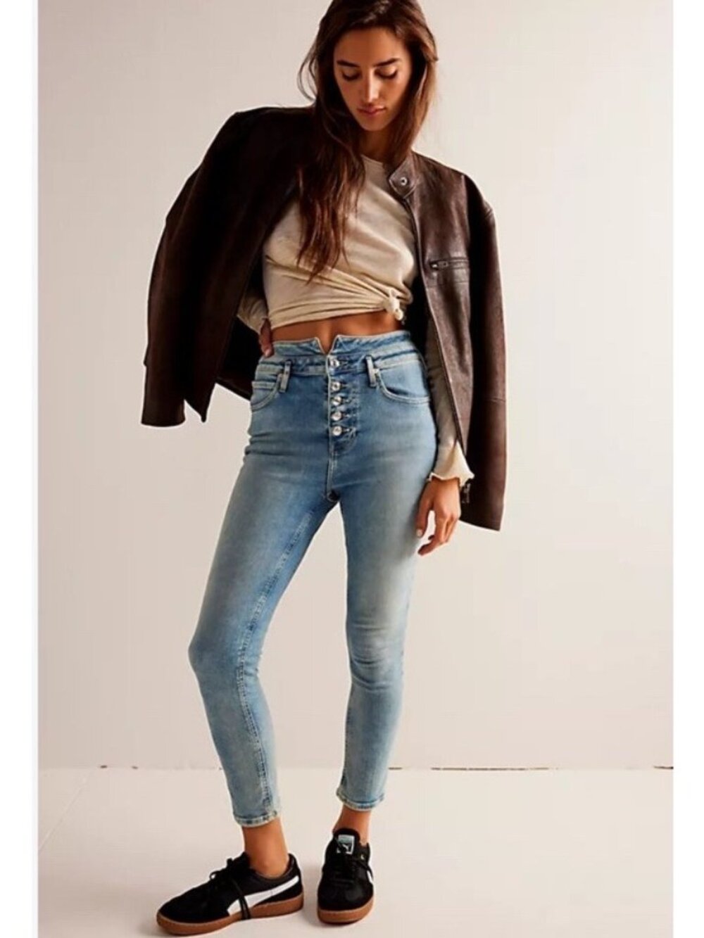 We the Free People Skyline Stretch Skinny Jeans Womens 29 Blue Denim Button Fly